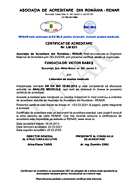 RENAR Certificat acreditare Laborator analize medicale