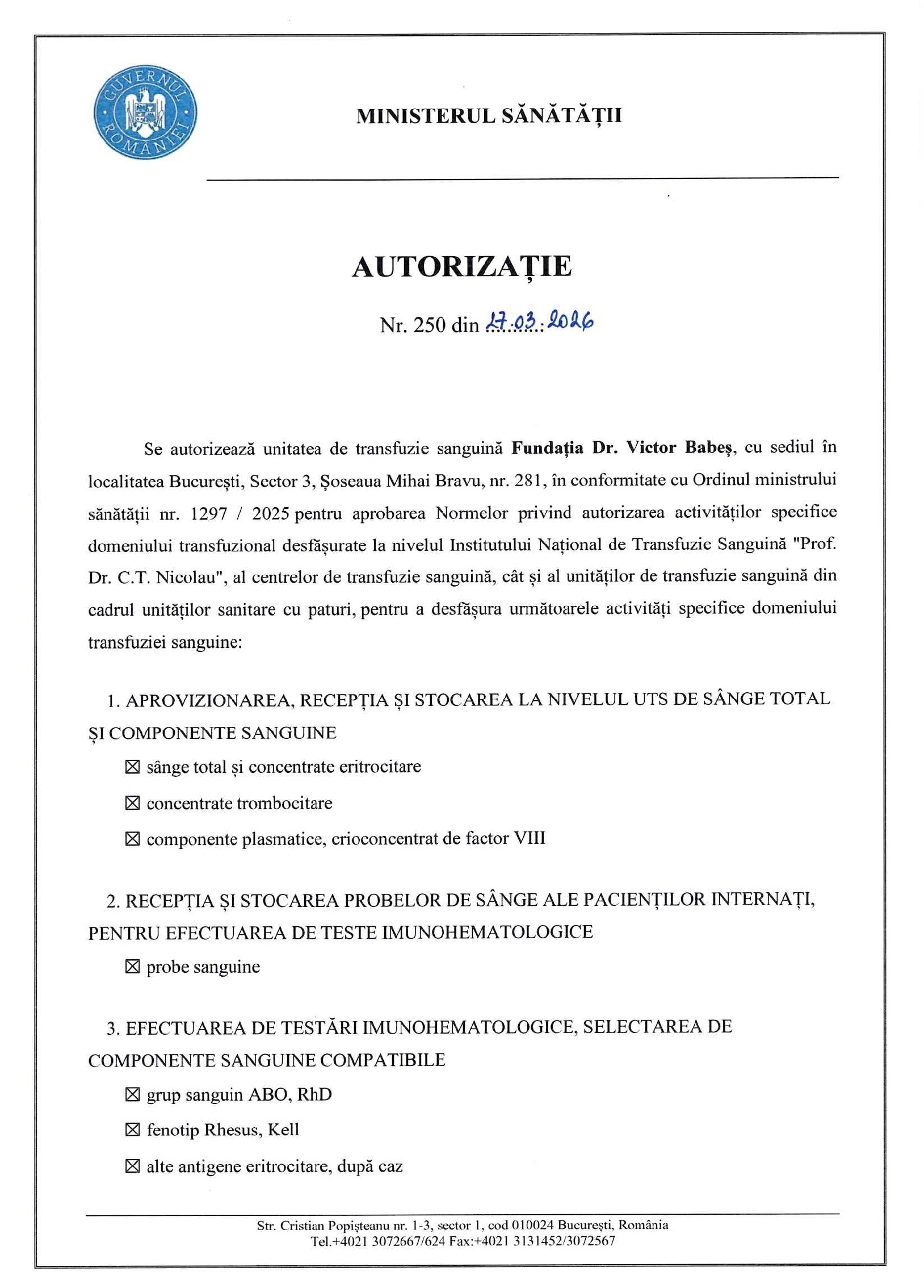Authorization for blood transfusion activities