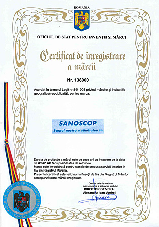 Certificat de inregistrare a marcii SANOSCOP